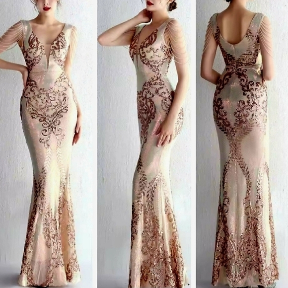 Gold, Floral,V Neck, Round Back, Sleeveless,  Beaded, Sequined,  Mermaid… - Picture 1 of 16